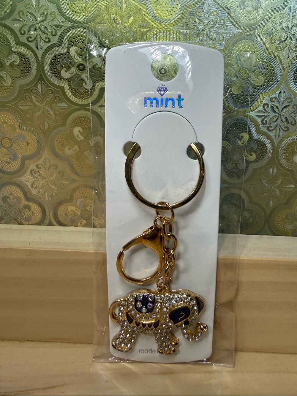 Mint Rhinestone Elephant Keychain & Purse Charm, Purple Enamel, Clear Rhinetones
